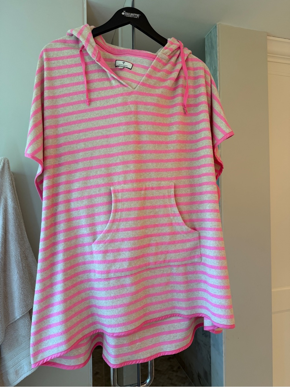 NWOT Terry Cloth Pink and Beige Striped Hooded Poncho Coverup